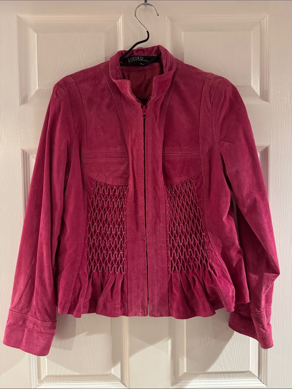 Kasper Fuchsia Suede Zip-Front Jacket with Smocked Panels